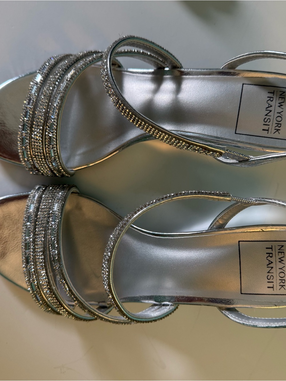 New York Transit Silver Rhinestone Strappy Sandals Sz 8 1/2 Wide